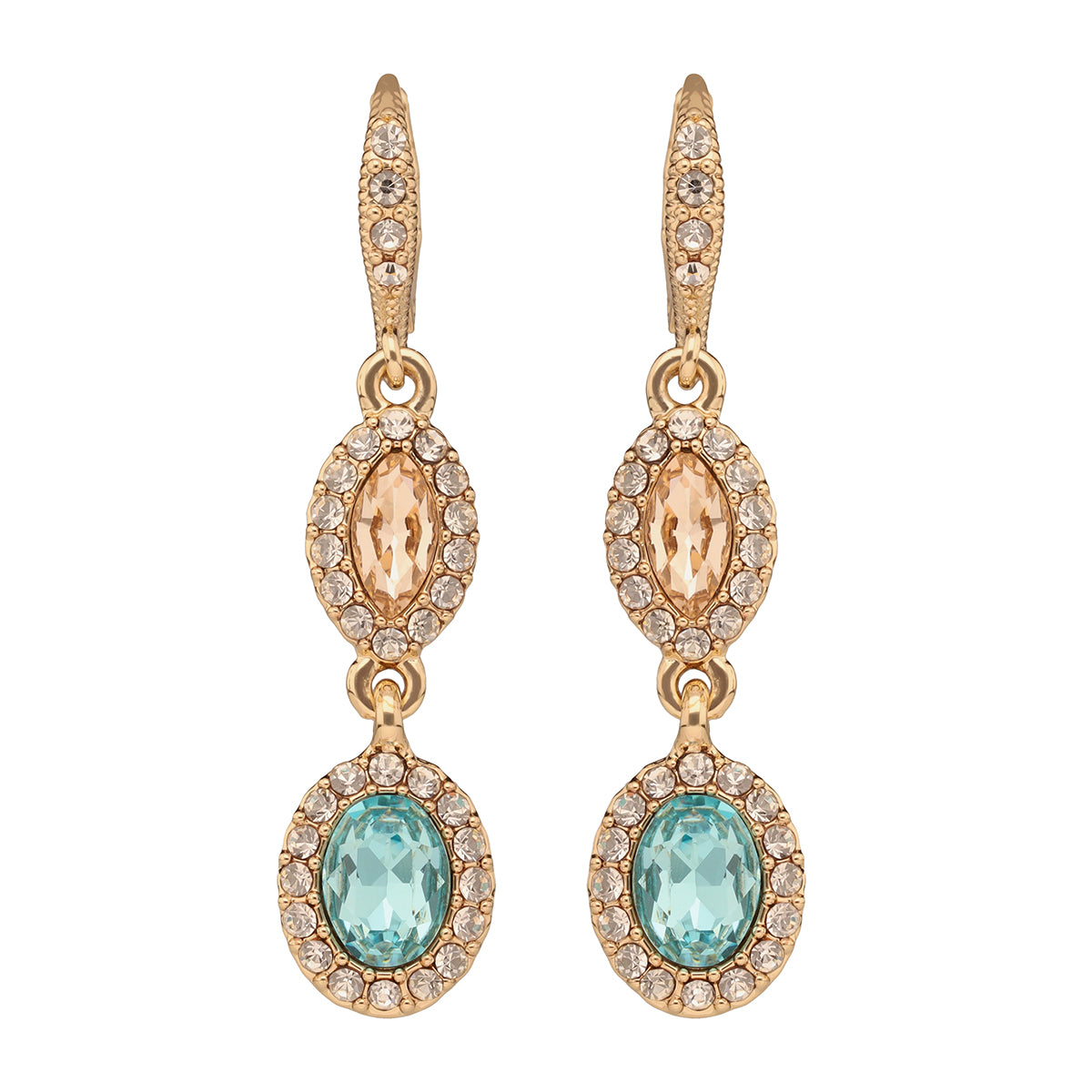 ARETES COLOR DORADO, GIVENCHY, FORMA OVALADA TIPO COLGANTE LARGO DE CRISTALES COLOR MULTICOLOR, CIERRE TIPO GANCHO FRANCÃ‰S, FAMILIA SWEET ESCAPE, CONTENIDO 1 PAR DE ARETES