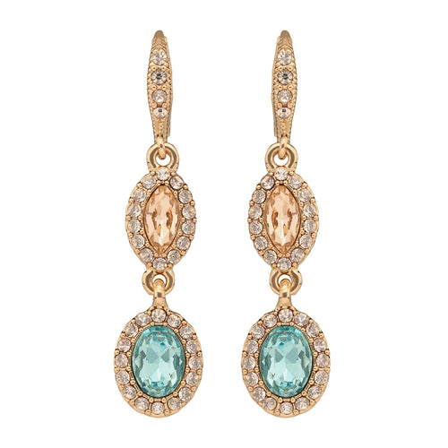 ARETES COLOR DORADO, GIVENCHY, FORMA OVALADA TIPO COLGANTE LARGO DE CRISTALES COLOR MULTICOLOR, CIERRE TIPO GANCHO FRANCÃ‰S, FAMILIA SWEET ESCAPE, CONTENIDO 1 PAR DE ARETES