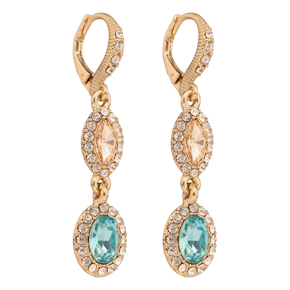 ARETES COLOR DORADO, GIVENCHY, FORMA OVALADA TIPO COLGANTE LARGO DE CRISTALES COLOR MULTICOLOR, CIERRE TIPO GANCHO FRANCÃ‰S, FAMILIA SWEET ESCAPE, CONTENIDO 1 PAR DE ARETES