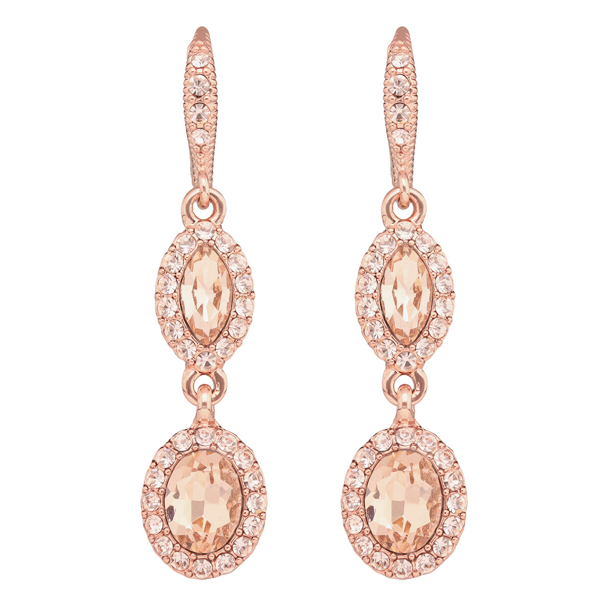 ARETES COLOR ORO ROSA, GIVENCHY, FORMA OVALADA TIPO COLGANTE LARGO DE CRISTALES COLOR ORO ROSA, CIERRE TIPO GANCHO FRANCÃ‰S, FAMILIA SWEET ESCAPE, CONTENIDO 1 PAR DE ARETES