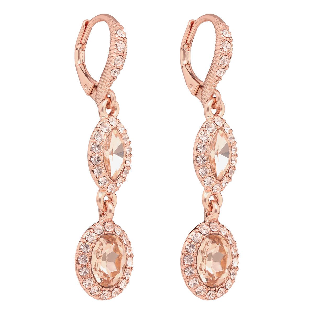 ARETES COLOR ORO ROSA, GIVENCHY, FORMA OVALADA TIPO COLGANTE LARGO DE CRISTALES COLOR ORO ROSA, CIERRE TIPO GANCHO FRANCÃ‰S, FAMILIA SWEET ESCAPE, CONTENIDO 1 PAR DE ARETES