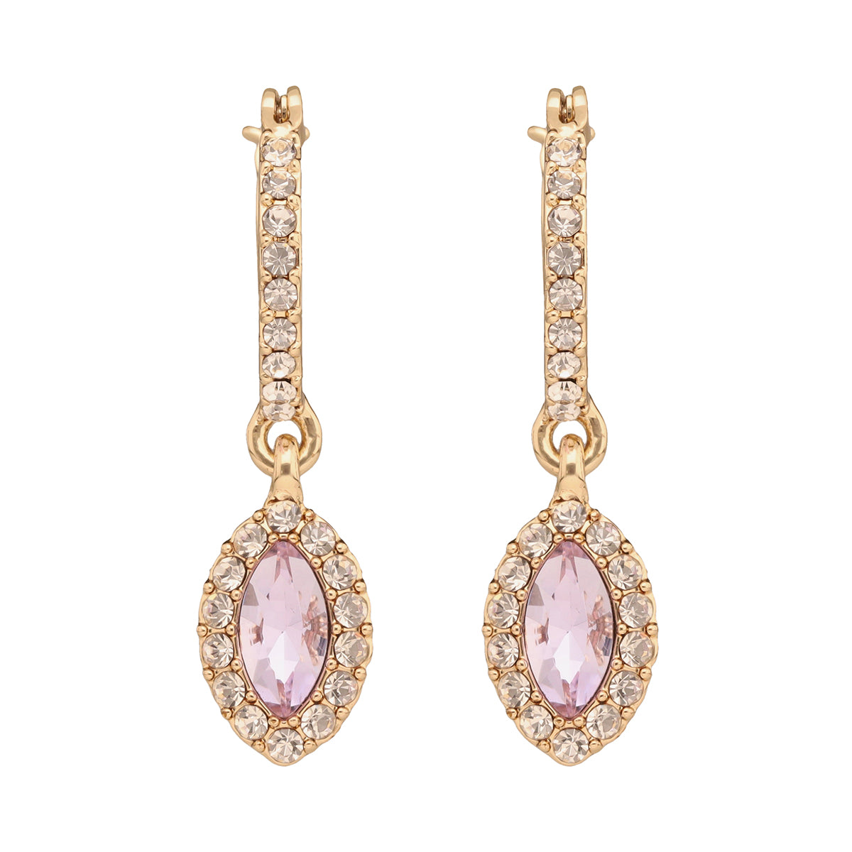 ARETES COLOR DORADO, GIVENCHY, FORMA OVALADA TIPO HUGGIES DE CRISTALES COLOR VIOLETA, CIERRE TIPO GANCHO FRANCÃ‰S, FAMILIA SWEET ESCAPE, CONTENIDO 1 PAR DE ARETES