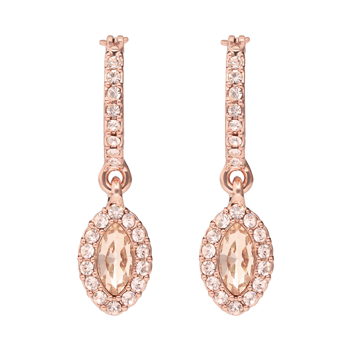 ARETES COLOR ORO ROSA, GIVENCHY, FORMA OVALADA TIPO HUGGIES DE CRISTALES COLOR ROSA, CIERRE TIPO GANCHO FRANCÃ‰S, FAMILIA SWEET ESCAPE, CONTENIDO 1 PAR DE ARETES