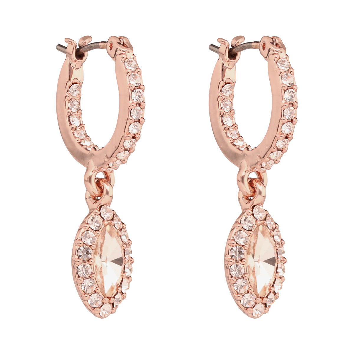 ARETES COLOR ORO ROSA, GIVENCHY, FORMA OVALADA TIPO HUGGIES DE CRISTALES COLOR ROSA, CIERRE TIPO GANCHO FRANCÃ‰S, FAMILIA SWEET ESCAPE, CONTENIDO 1 PAR DE ARETES