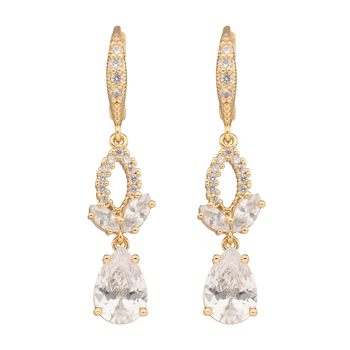 ARETES COLOR DORADO, GIVENCHY, FORMA HOJA TIPO COLGANTE LARGO DE CRISTALES COLOR TRANSPARENTE, CIERRE TIPO GANCHO FRANCÃ‰S, FAMILIA CRYSTALIZED GARDEN, CONTENIDO 1 PAR DE ARETES