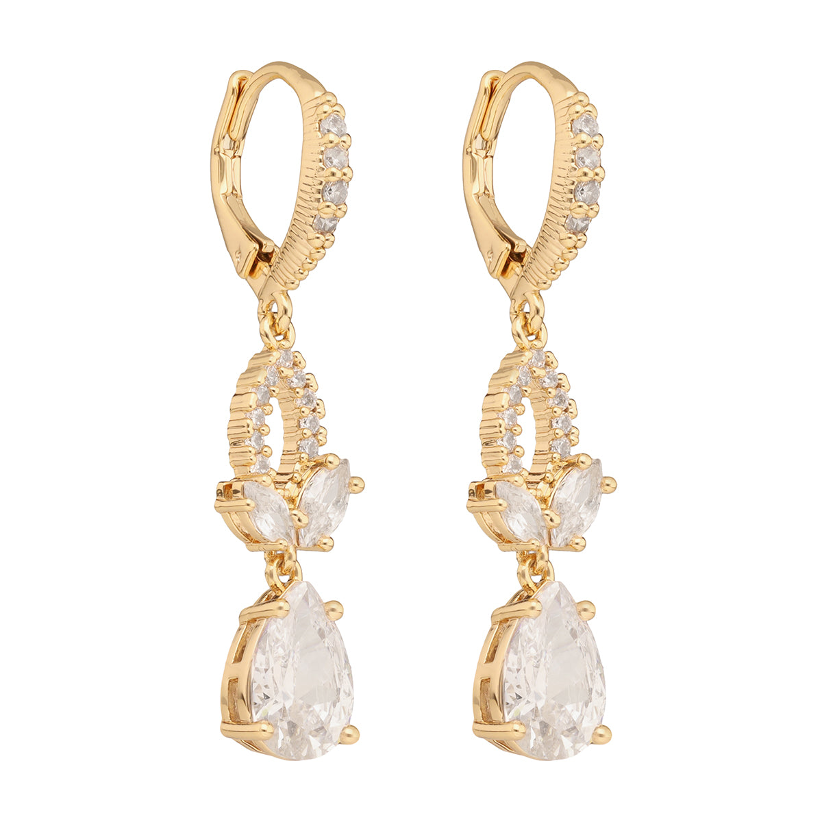 ARETES COLOR DORADO, GIVENCHY, FORMA HOJA TIPO COLGANTE LARGO DE CRISTALES COLOR TRANSPARENTE, CIERRE TIPO GANCHO FRANCÃ‰S, FAMILIA CRYSTALIZED GARDEN, CONTENIDO 1 PAR DE ARETES