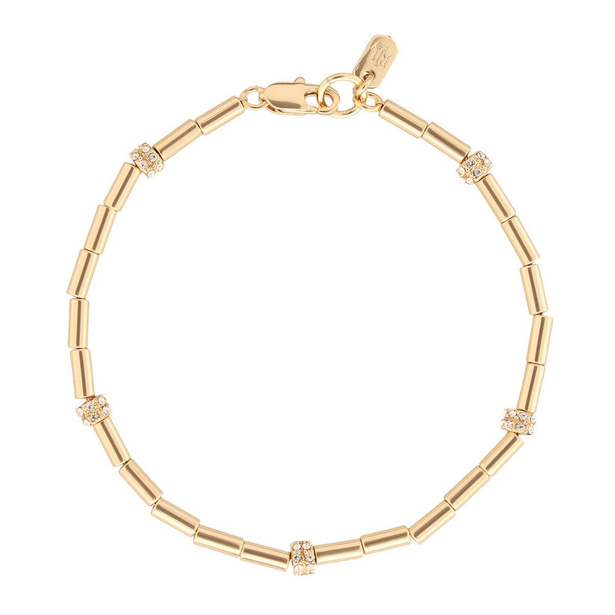 PULSERA COLOR  DORADO, RALPH LAUREN, FORMA CIRCULAR  TIPO FLEXIBLE CON CRISTALES TRANSPARENTES, CIERRE TIPO PINZA AJUSTABLE , FAMILIA LINDELLA, CONTENIDO 1 PULSERA