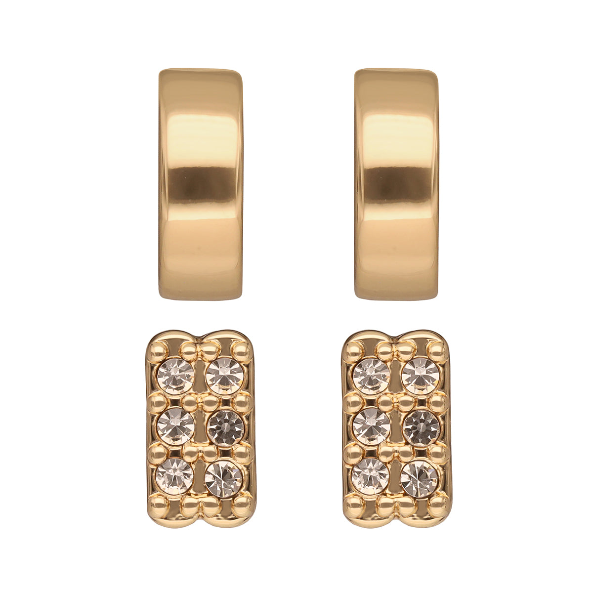 ARETES COLOR  DORADO, RALPH LAUREN, FORMA VARIOS TIPO BOTÃ“N  CON CRISTALES TRANSPARENTES, CIERRE TIPO POSTE, FAMILIA LINDELLA, CONTENIDO 2 PARES DE ARETES