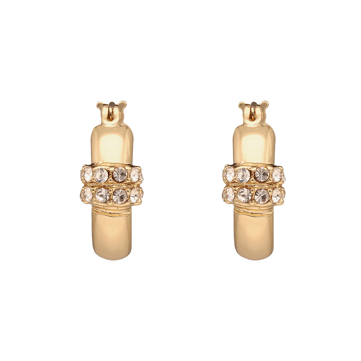 ARETES COLOR  DORADO, RALPH LAUREN, FORMA CIRCULAR  TIPO ARRACADA CON CRISTALES TRANSPARENTES, CIERRE TIPO BISAGRA CON CLICK, FAMILIA LINDELLA, CONTENIDO 1 PAR DE ARETES