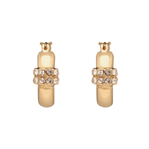 ARETES COLOR  DORADO, RALPH LAUREN, FORMA CIRCULAR  TIPO ARRACADA CON CRISTALES TRANSPARENTES, CIERRE TIPO BISAGRA CON CLICK, FAMILIA LINDELLA, CONTENIDO 1 PAR DE ARETES