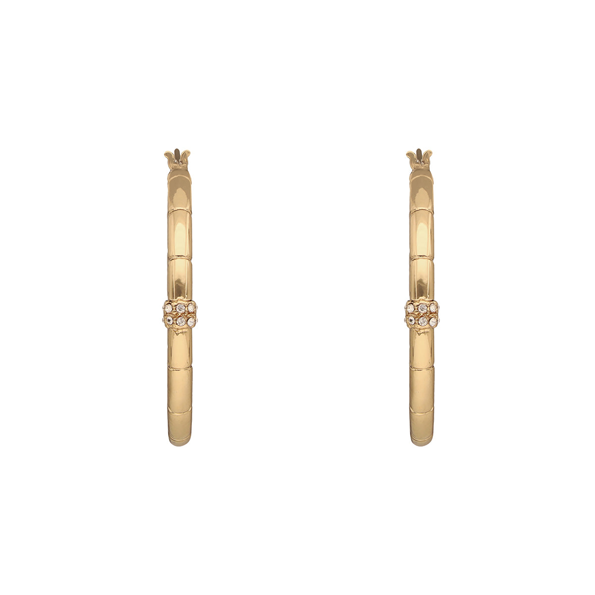 ARETES COLOR  DORADO, RALPH LAUREN, FORMA CIRCULAR  TIPO ARRACADA CON CRISTALES TRANSPARENTES, CIERRE TIPO BISAGRA CON CLICK, FAMILIA LINDELLA, CONTENIDO 1 PAR DE ARETES