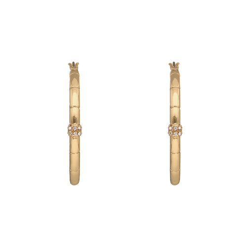 ARETES COLOR  DORADO, RALPH LAUREN, FORMA CIRCULAR  TIPO ARRACADA CON CRISTALES TRANSPARENTES, CIERRE TIPO BISAGRA CON CLICK, FAMILIA LINDELLA, CONTENIDO 1 PAR DE ARETES